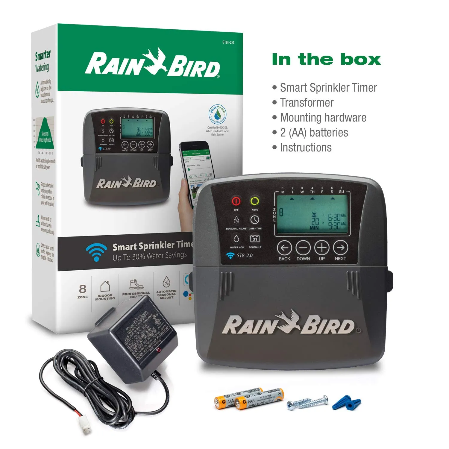 Rain Bird ST8I-2.0 Smart Indoor WiFi Sprinkler/Irrigation System Timer/Controller, WaterSense Certified, 8-Zone/Station, Compatible with Amazon Alexa