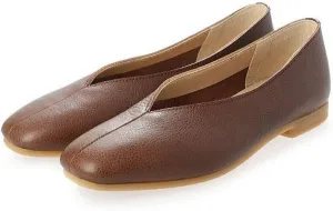 Recipe RP-267 Slip-on Shoes, V-Cut, Square Toe Pumps, Genuine Leather, Low Heel, Flat, Women's, Easy to Walk, Painless, Black