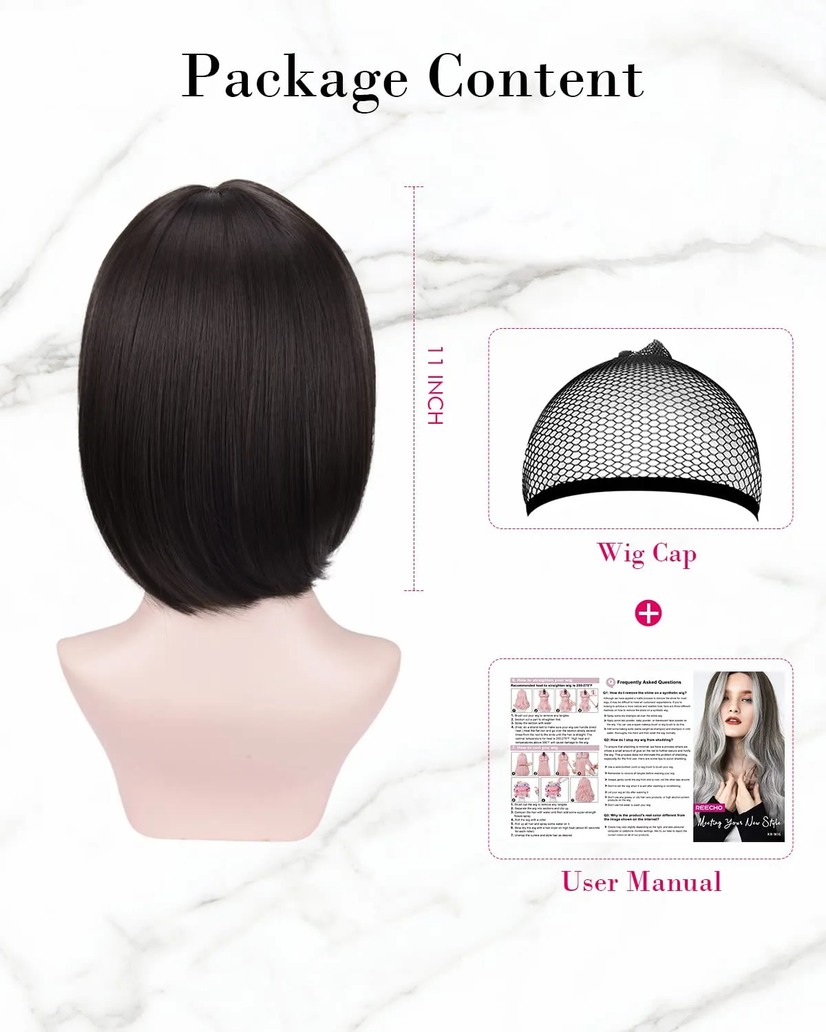 REECHO 11" Short Bob Wig with bangs Synthetic Hair for White Black Women Color: Dark Brown