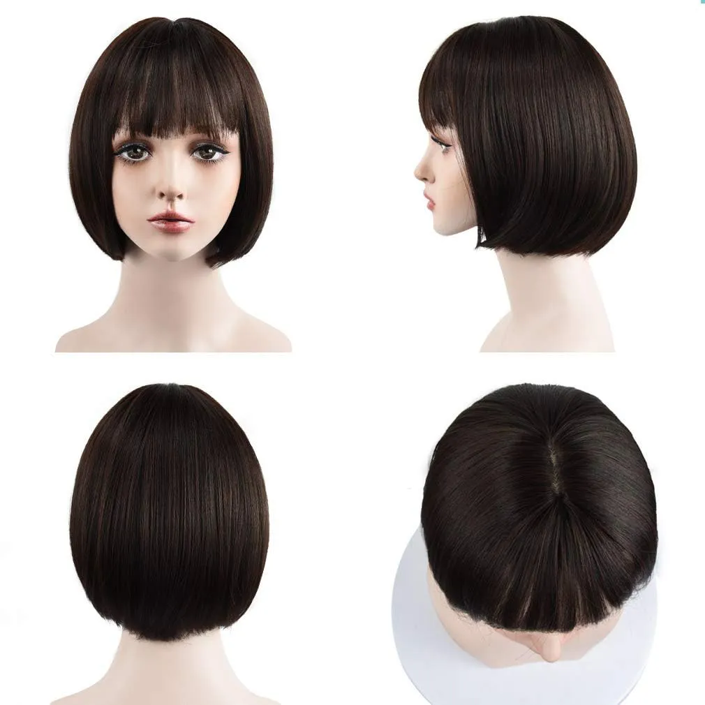 REECHO 11" Short Bob Wig with bangs Synthetic Hair for White Black Women Color: Dark Brown