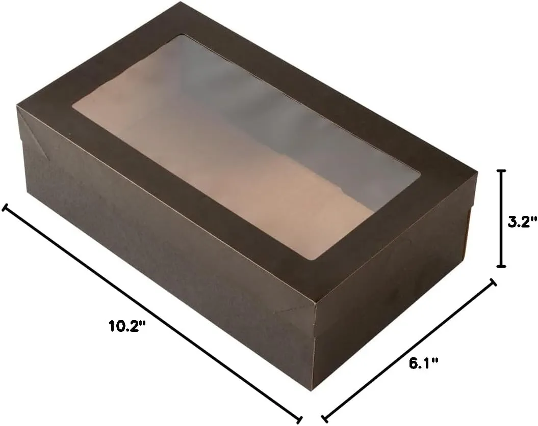 Restaurantware Cater Tek 10.2 x 6.1 x 3.2 Inch Baked Goods Boxes 100 Greaseproof Pastry Boxes - Window Lids Insert Tab Lock Black Paper Catering Boxes Easy Assembly For Charcuterie Or Cupcakes