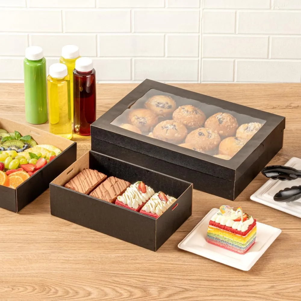 Restaurantware Cater Tek 10.2 x 6.1 x 3.2 Inch Baked Goods Boxes 100 Greaseproof Pastry Boxes - Window Lids Insert Tab Lock Black Paper Catering Boxes Easy Assembly For Charcuterie Or Cupcakes