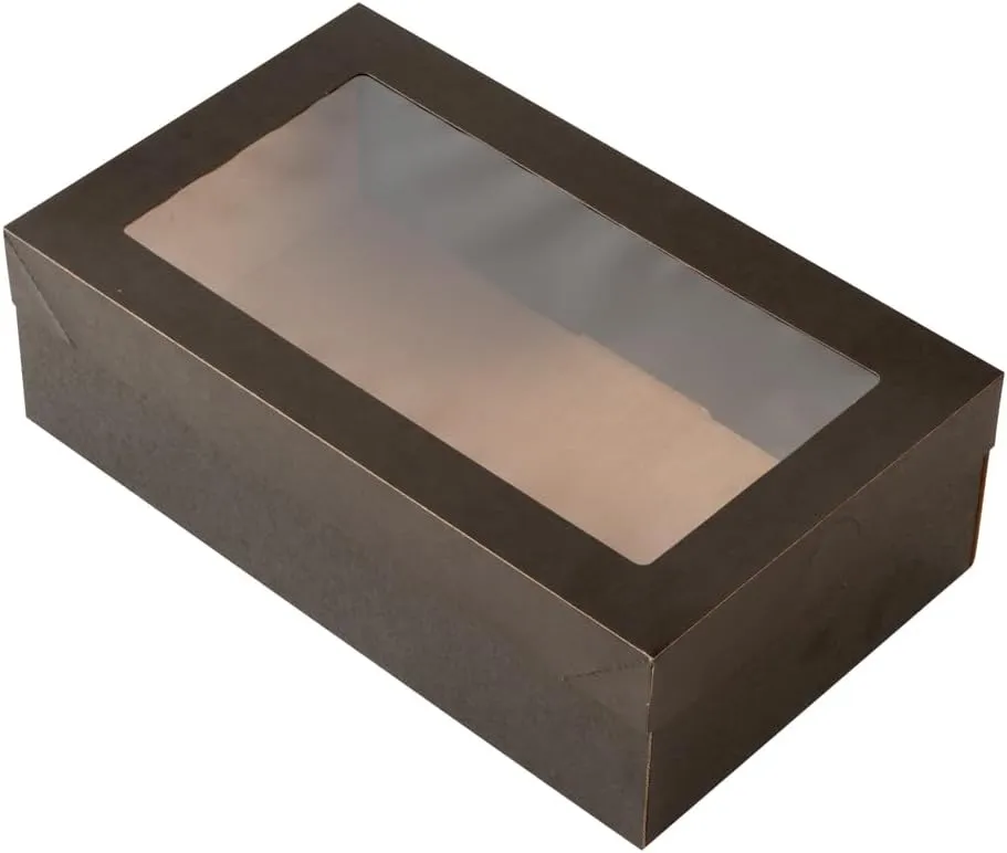 Restaurantware Cater Tek 10.2 x 6.1 x 3.2 Inch Baked Goods Boxes 100 Greaseproof Pastry Boxes - Window Lids Insert Tab Lock Black Paper Catering Boxes Easy Assembly For Charcuterie Or Cupcakes