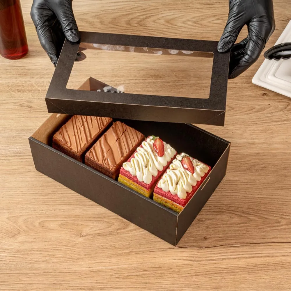 Restaurantware Cater Tek 10.2 x 6.1 x 3.2 Inch Baked Goods Boxes 100 Greaseproof Pastry Boxes - Window Lids Insert Tab Lock Black Paper Catering Boxes Easy Assembly For Charcuterie Or Cupcakes