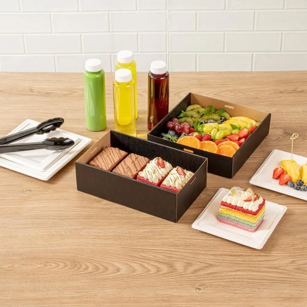 Restaurantware Cater Tek 10.2 x 6.1 x 3.2 Inch Baked Goods Boxes 100 Greaseproof Pastry Boxes - Window Lids Insert Tab Lock Black Paper Catering Boxes Easy Assembly For Charcuterie Or Cupcakes