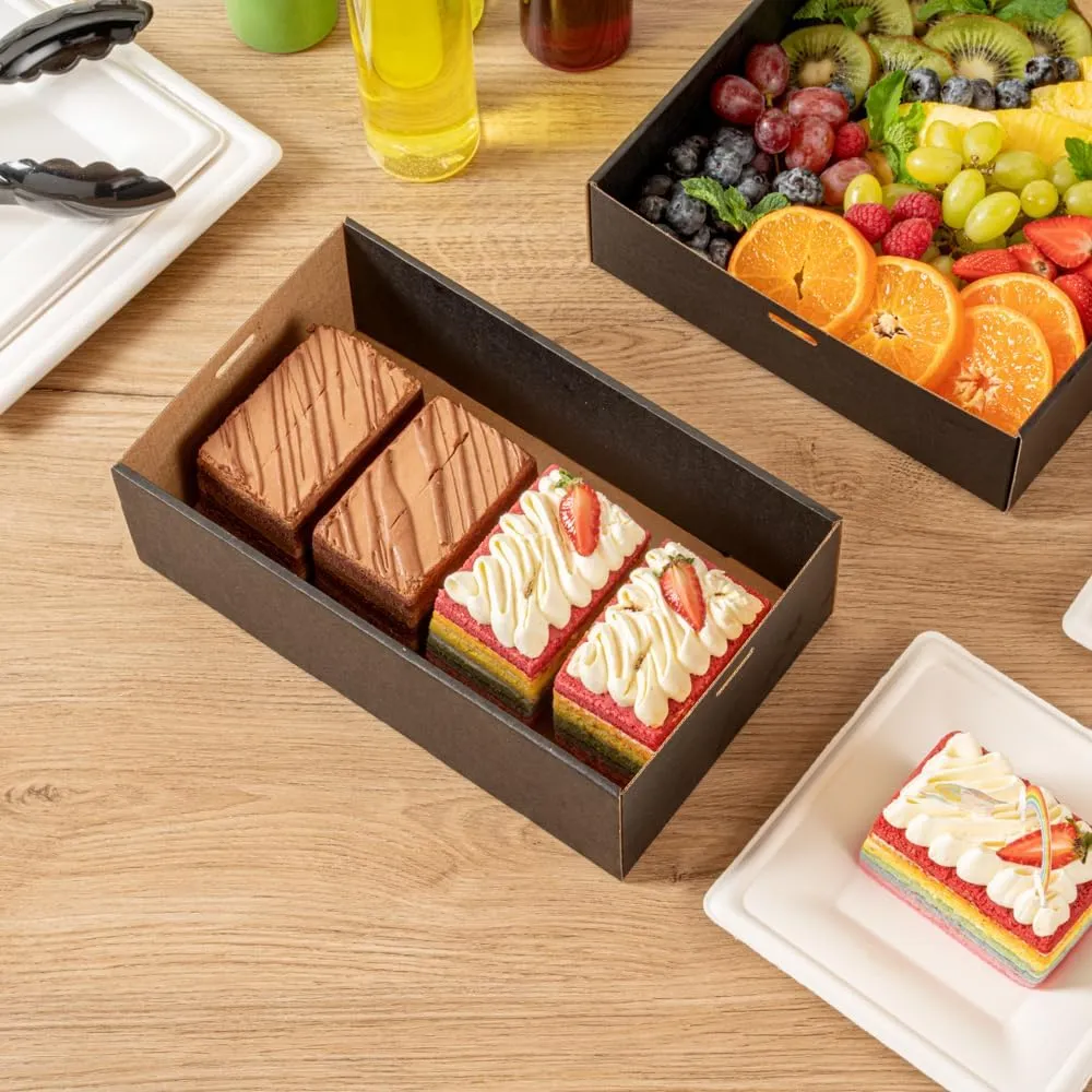 Restaurantware Cater Tek 10.2 x 6.1 x 3.2 Inch Baked Goods Boxes 100 Greaseproof Pastry Boxes - Window Lids Insert Tab Lock Black Paper Catering Boxes Easy Assembly For Charcuterie Or Cupcakes