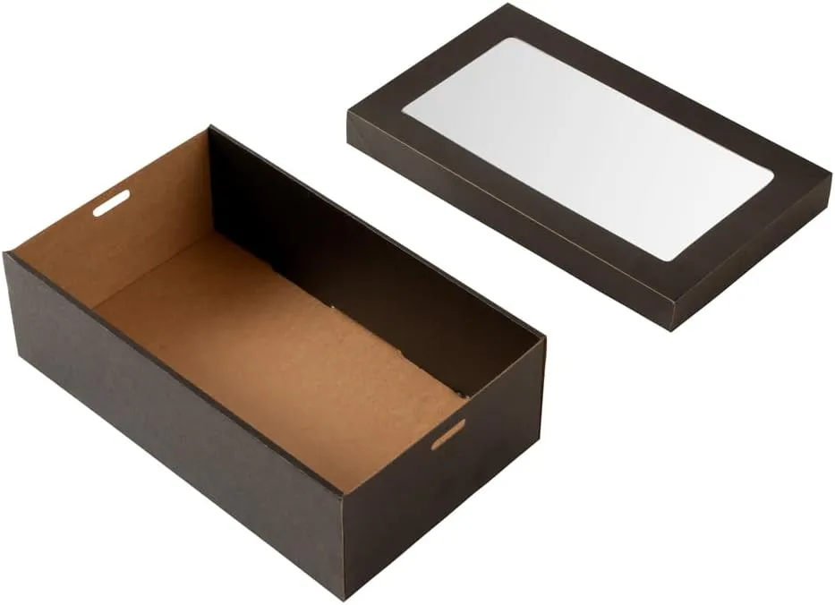 Restaurantware Cater Tek 10.2 x 6.1 x 3.2 Inch Baked Goods Boxes 100 Greaseproof Pastry Boxes - Window Lids Insert Tab Lock Black Paper Catering Boxes Easy Assembly For Charcuterie Or Cupcakes