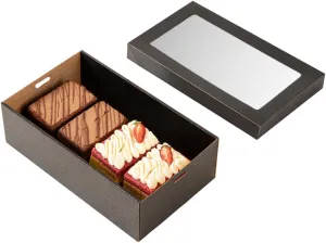 Restaurantware Cater Tek 10.2 x 6.1 x 3.2 Inch Baked Goods Boxes 100 Greaseproof Pastry Boxes - Window Lids Insert Tab Lock Black Paper Catering Boxes Easy Assembly For Charcuterie Or Cupcakes