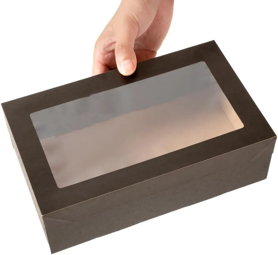 Restaurantware Cater Tek 10.2 x 6.1 x 3.2 Inch Baked Goods Boxes 100 Greaseproof Pastry Boxes - Window Lids Insert Tab Lock Black Paper Catering Boxes Easy Assembly For Charcuterie Or Cupcakes