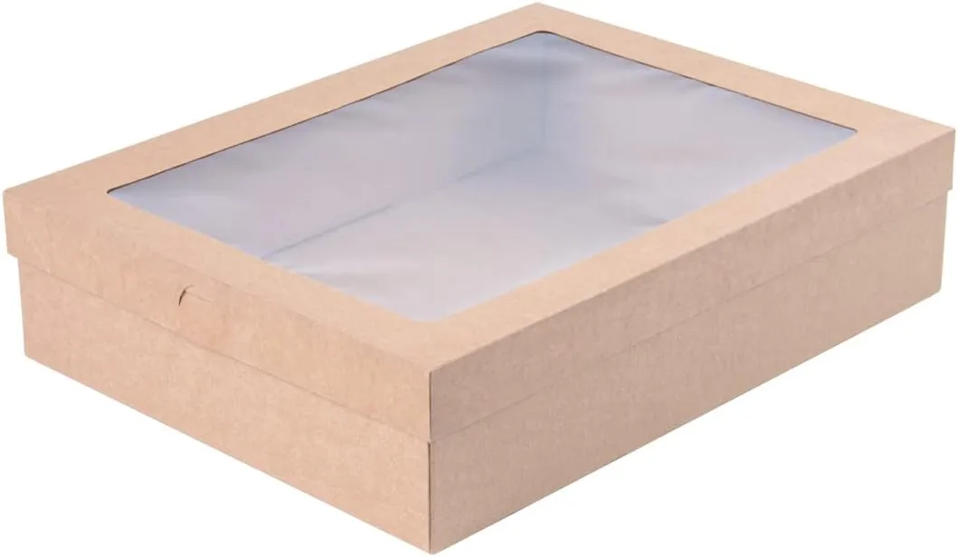 Restaurantware Cater Tek 14.3 x 10 x 3.2 Inch Baked Goods Boxes 100 Insert Tab Lock Window Pastry Boxes - Window Lids Easy Assembly Kraft Paper Catering Boxes For Charcuterie Or Cupcakes