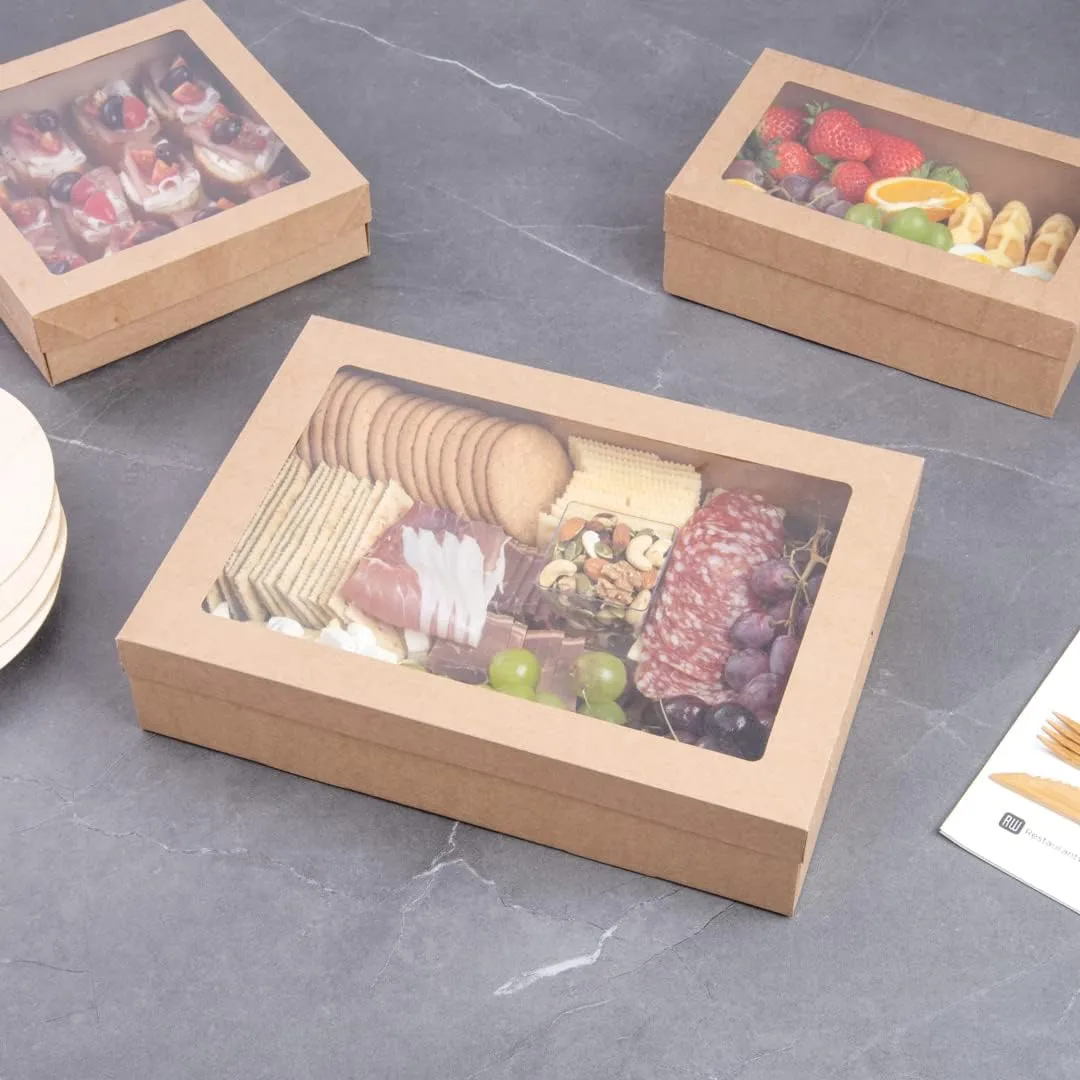 Restaurantware Cater Tek 14.3 x 10 x 3.2 Inch Baked Goods Boxes 100 Insert Tab Lock Window Pastry Boxes - Window Lids Easy Assembly Kraft Paper Catering Boxes For Charcuterie Or Cupcakes