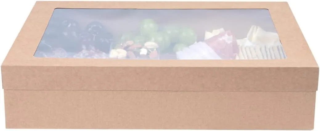 Restaurantware Cater Tek 14.3 x 10 x 3.2 Inch Baked Goods Boxes 100 Insert Tab Lock Window Pastry Boxes - Window Lids Easy Assembly Kraft Paper Catering Boxes For Charcuterie Or Cupcakes