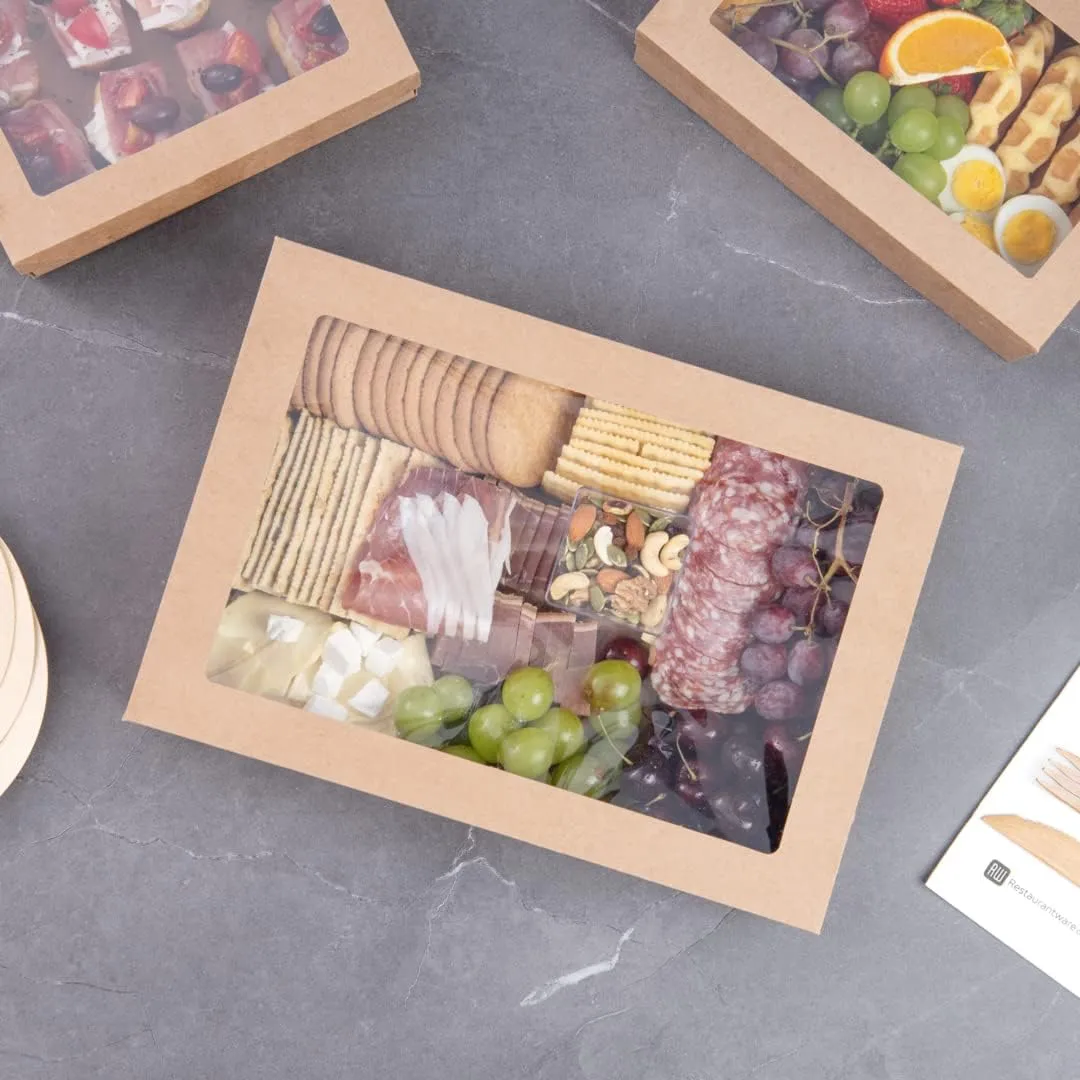 Restaurantware Cater Tek 14.3 x 10 x 3.2 Inch Baked Goods Boxes 100 Insert Tab Lock Window Pastry Boxes - Window Lids Easy Assembly Kraft Paper Catering Boxes For Charcuterie Or Cupcakes