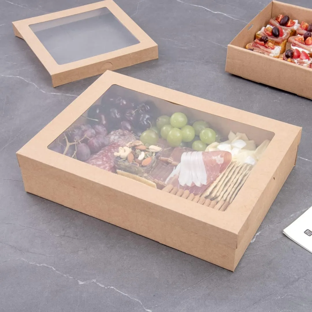 Restaurantware Cater Tek 14.3 x 10 x 3.2 Inch Baked Goods Boxes 100 Insert Tab Lock Window Pastry Boxes - Window Lids Easy Assembly Kraft Paper Catering Boxes For Charcuterie Or Cupcakes