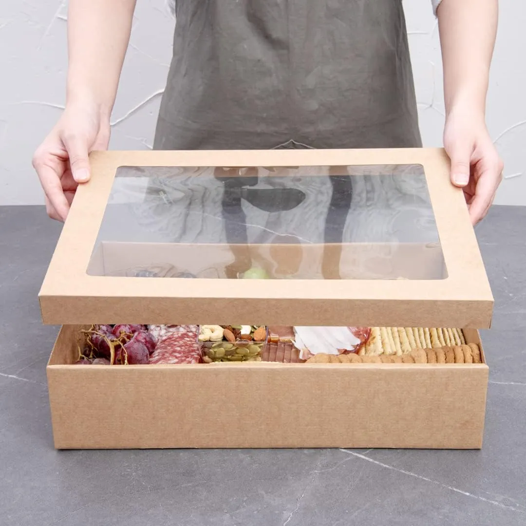 Restaurantware Cater Tek 14.3 x 10 x 3.2 Inch Baked Goods Boxes 100 Insert Tab Lock Window Pastry Boxes - Window Lids Easy Assembly Kraft Paper Catering Boxes For Charcuterie Or Cupcakes