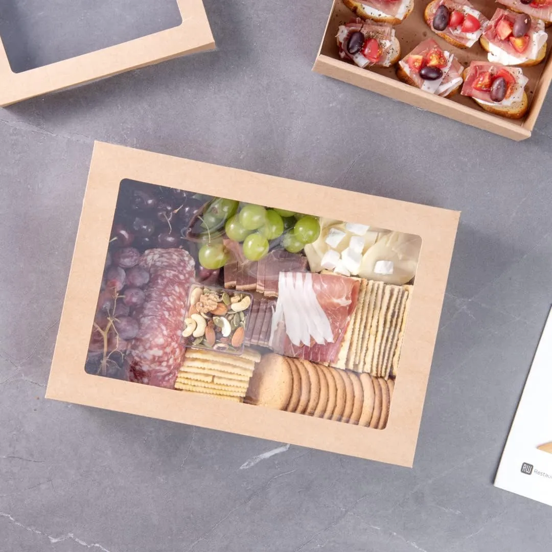 Restaurantware Cater Tek 14.3 x 10 x 3.2 Inch Baked Goods Boxes 100 Insert Tab Lock Window Pastry Boxes - Window Lids Easy Assembly Kraft Paper Catering Boxes For Charcuterie Or Cupcakes
