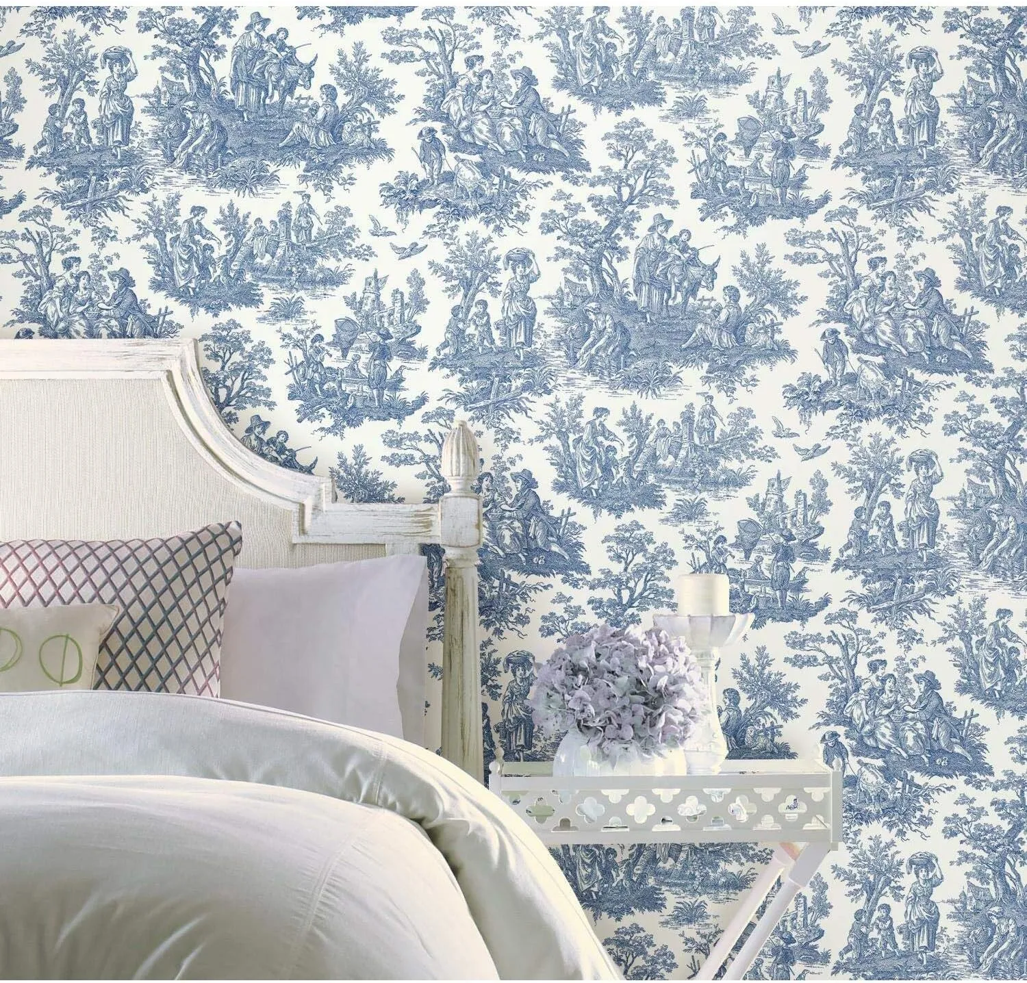 RoomMates Waverly RMK11868WP Country Life Toile Peel and Stick Wallpaper (20.5 in x 16.5 ft) – Easy Application, No Sticky Residue – Blue and White, Roll