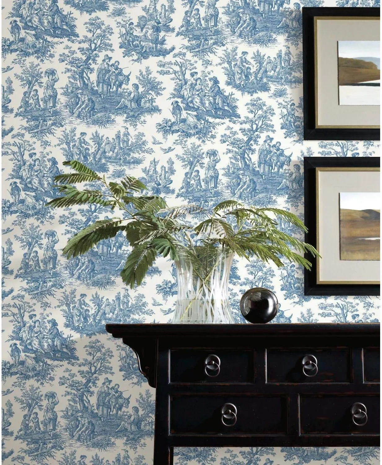 RoomMates Waverly RMK11868WP Country Life Toile Peel and Stick Wallpaper (20.5 in x 16.5 ft) – Easy Application, No Sticky Residue – Blue and White, Roll