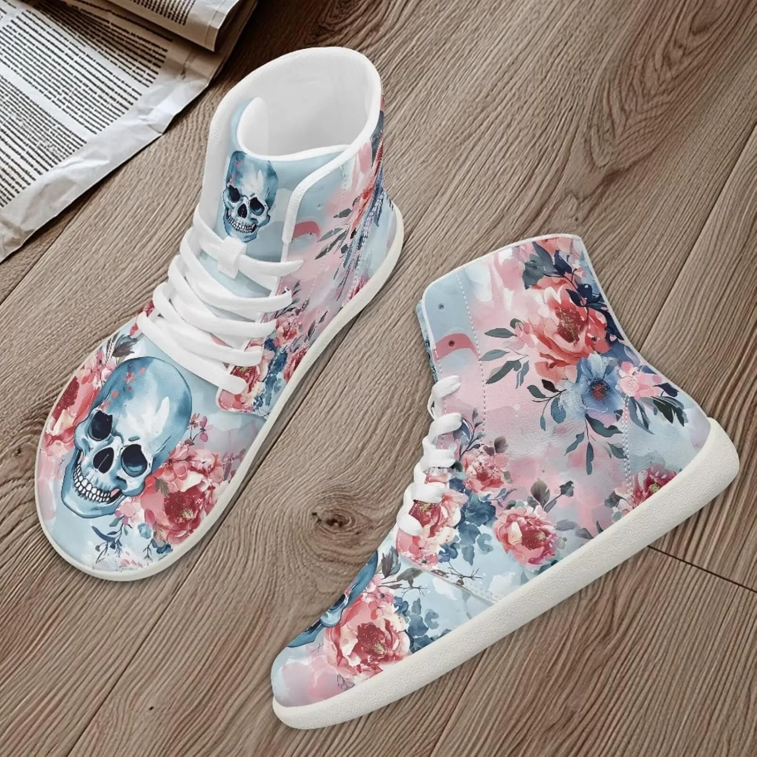 Rose Skull Print Women High Top Barefoot Shoes Wide Toe Sneakers Casual Sports Sneakers Minimalist Zero Drop Ankle Support Shoes