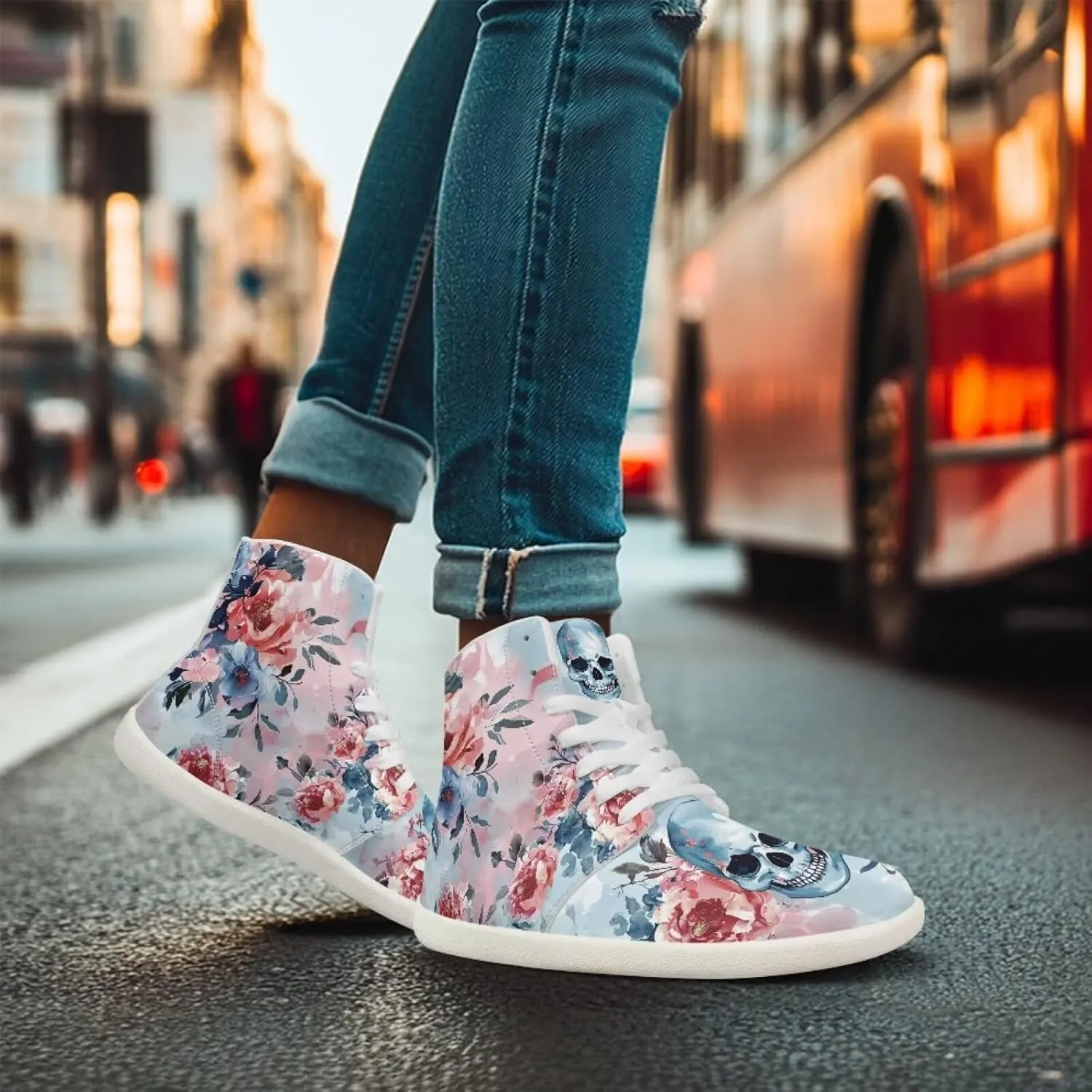 Rose Skull Print Women High Top Barefoot Shoes Wide Toe Sneakers Casual Sports Sneakers Minimalist Zero Drop Ankle Support Shoes