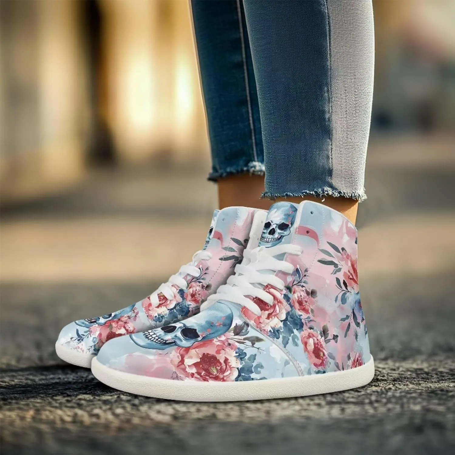 Rose Skull Print Women High Top Barefoot Shoes Wide Toe Sneakers Casual Sports Sneakers Minimalist Zero Drop Ankle Support Shoes