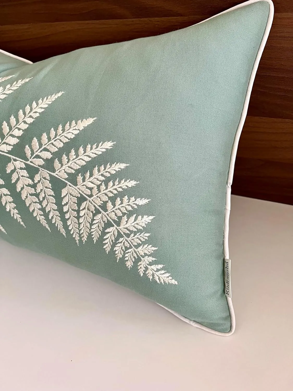 Rudransha 14x24 Light Teal Cotton Lumbar Pillow Cover - Off-White Fern Leaf Embroidery - Decorative Rectangular Throw Cushion Case for Couch, Sofa, Bed, Living Room - Boho Farmhouse Home Decor