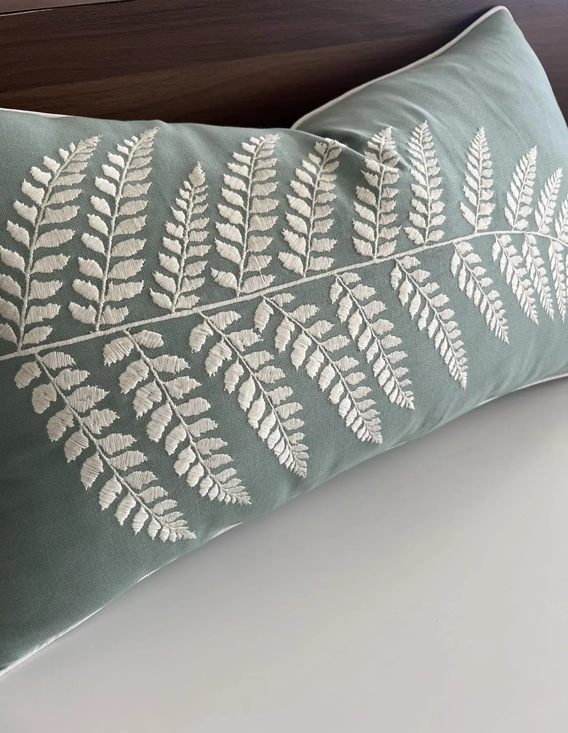 Rudransha 14x24 Light Teal Cotton Lumbar Pillow Cover - Off-White Fern Leaf Embroidery - Decorative Rectangular Throw Cushion Case for Couch, Sofa, Bed, Living Room - Boho Farmhouse Home Decor