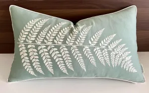 Rudransha 14x24 Light Teal Cotton Lumbar Pillow Cover - Off-White Fern Leaf Embroidery - Decorative Rectangular Throw Cushion Case for Couch, Sofa, Bed, Living Room - Boho Farmhouse Home Decor