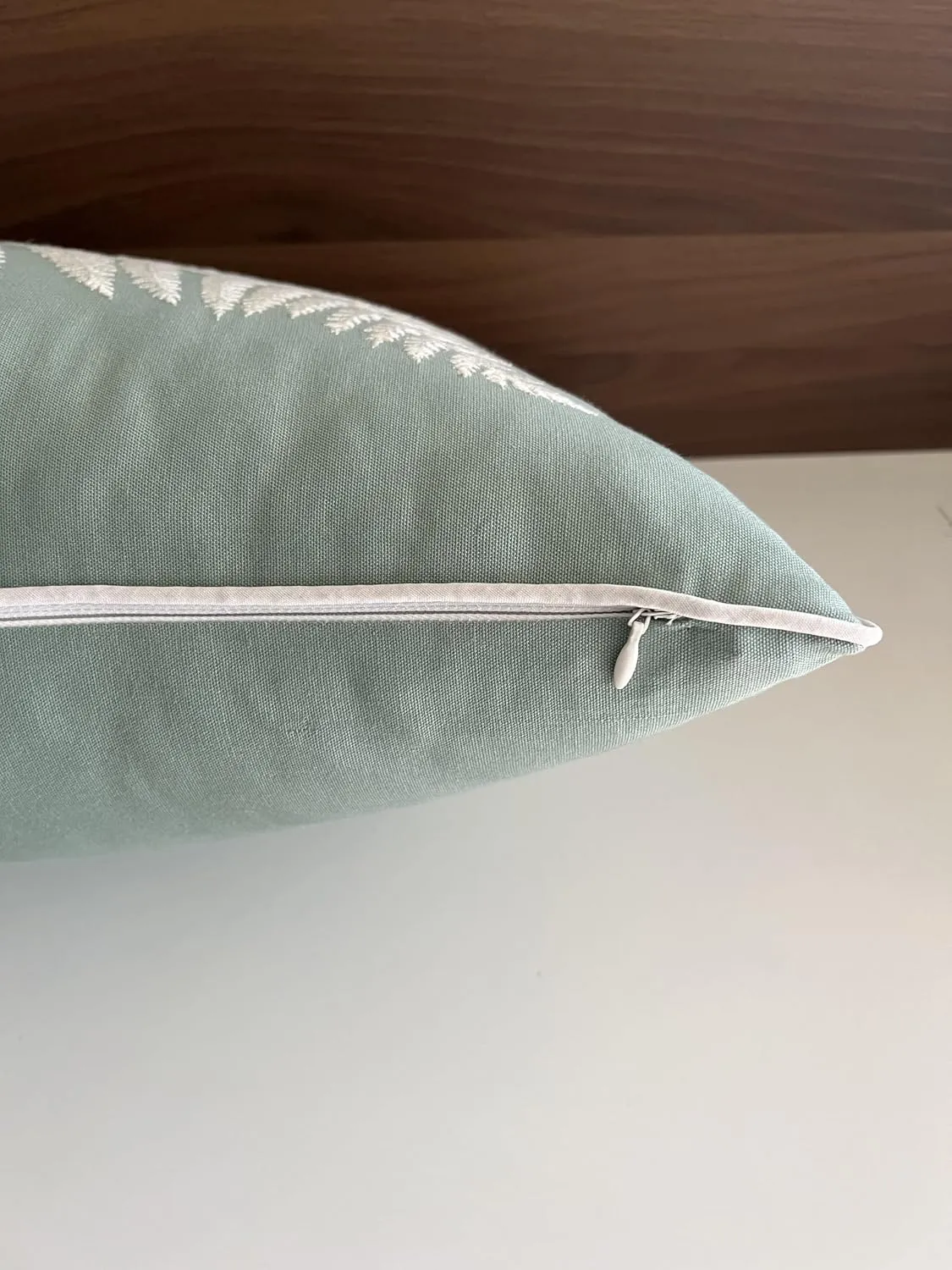 Rudransha 14x24 Light Teal Cotton Lumbar Pillow Cover - Off-White Fern Leaf Embroidery - Decorative Rectangular Throw Cushion Case for Couch, Sofa, Bed, Living Room - Boho Farmhouse Home Decor