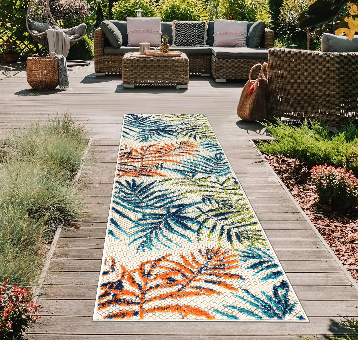 Rugshop Bahama Palm Frond Floral Non-Shedding Easy Cleaning Patio Deck Backyard Indoor/Outdoor Runner Rug 2' x 7' Multi