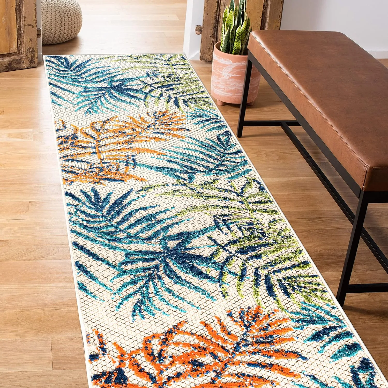 Rugshop Bahama Palm Frond Floral Non-Shedding Easy Cleaning Patio Deck Backyard Indoor/Outdoor Runner Rug 2' x 7' Multi