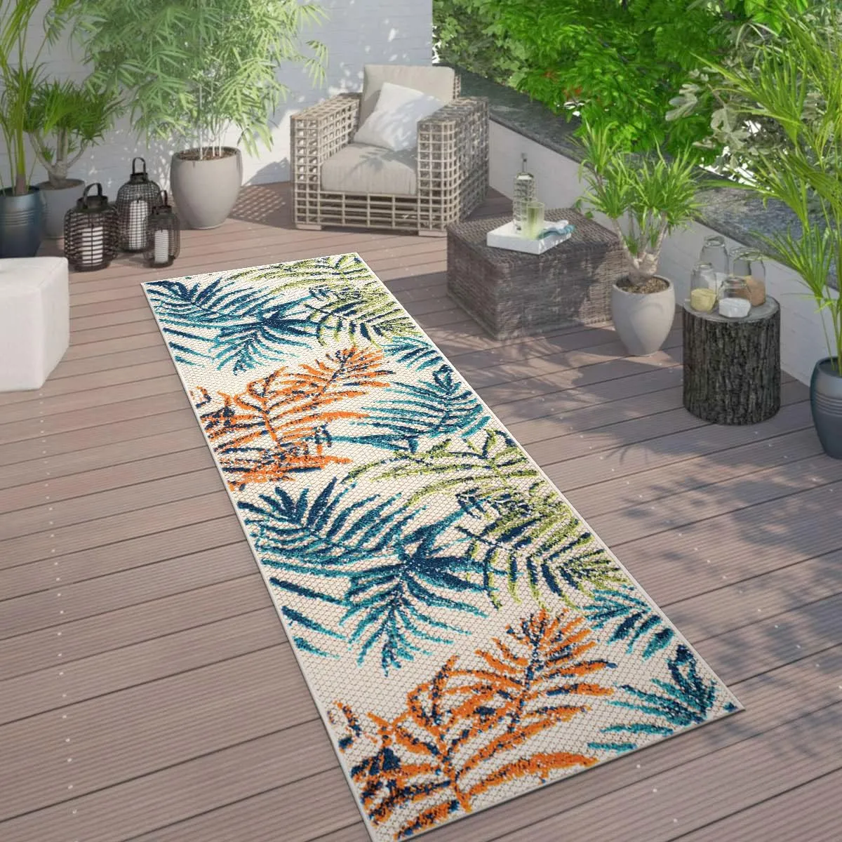 Rugshop Bahama Palm Frond Floral Non-Shedding Easy Cleaning Patio Deck Backyard Indoor/Outdoor Runner Rug 2' x 7' Multi
