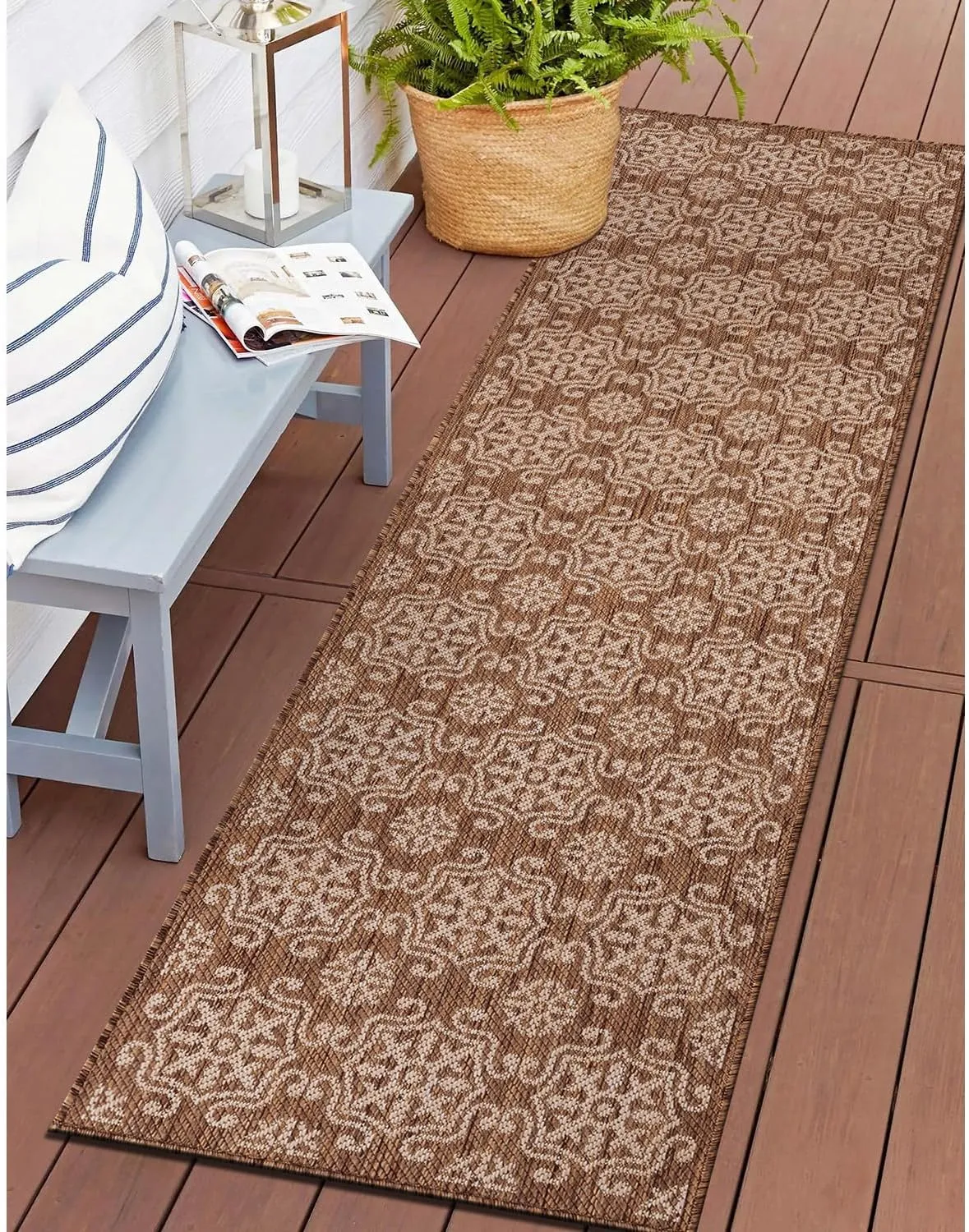 Rugshop Budelli Transitional Geometric Textured Flat Weave Easy Cleaning Outdoor Rugs for Deck,Patio,Backyard Indoor/Outdoor Runner Rug 2' x 7' Brown