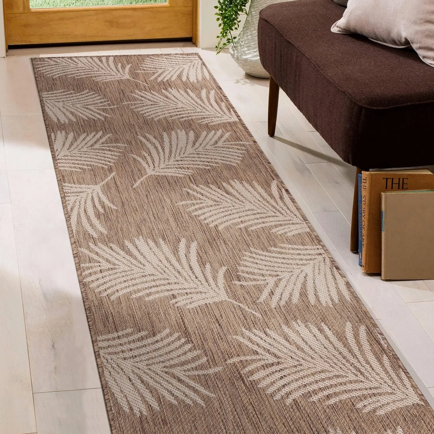 Rugshop Contemporary Palm Leaves Textured Flat Weave Easy Cleaning Outdoor Rugs for Deck,Patio,Backyard Indoor/Outdoor Runner Rug 2' x 7' Brown