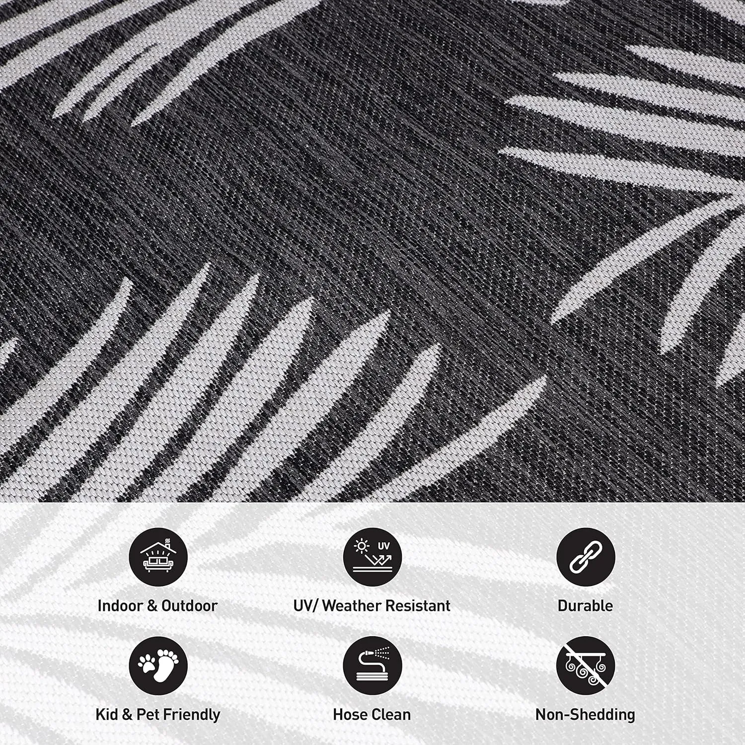 Rugshop Contemporary Palm Leaves Textured Flat Weave Easy-to-Clean Outdoor Rugs for Deck,Patio,Backyard Indoor/Outdoor Runner Rug 2' x 7' Black
