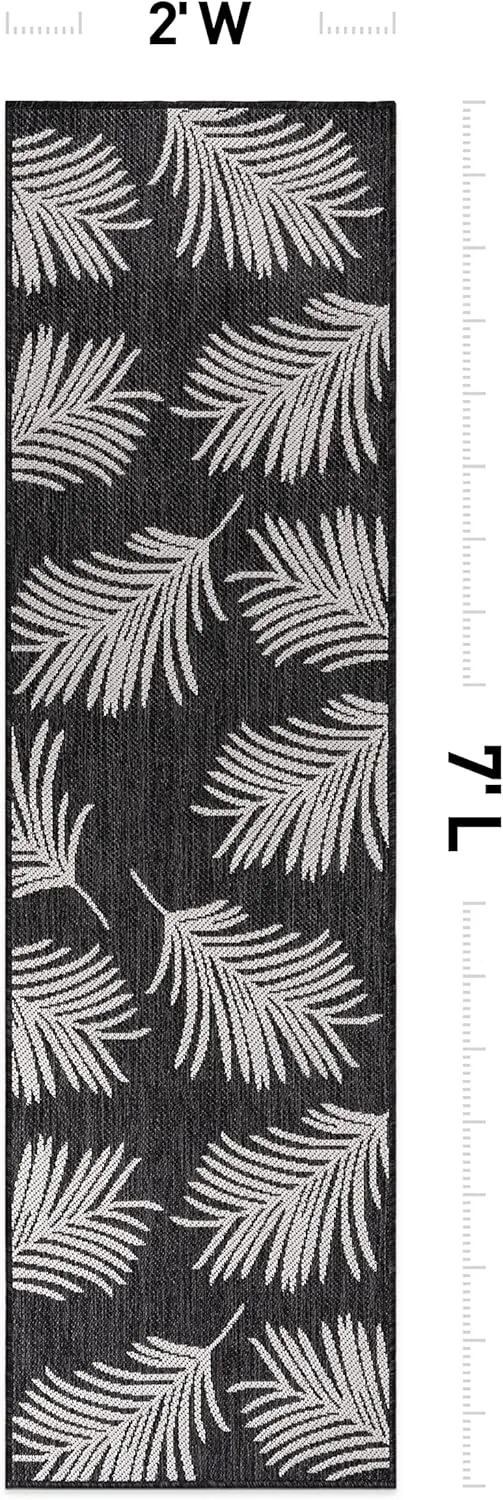 Rugshop Contemporary Palm Leaves Textured Flat Weave Easy-to-Clean Outdoor Rugs for Deck,Patio,Backyard Indoor/Outdoor Runner Rug 2' x 7' Black