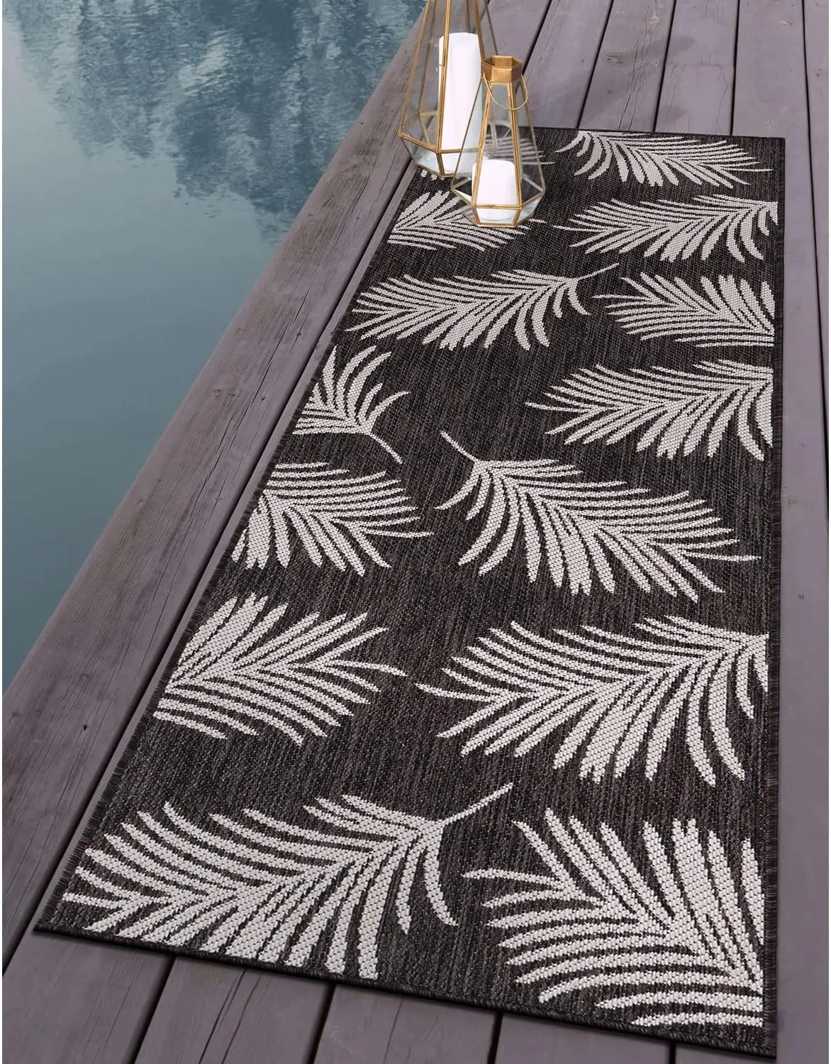 Rugshop Contemporary Palm Leaves Textured Flat Weave Easy-to-Clean Outdoor Rugs for Deck,Patio,Backyard Indoor/Outdoor Runner Rug 2' x 7' Black