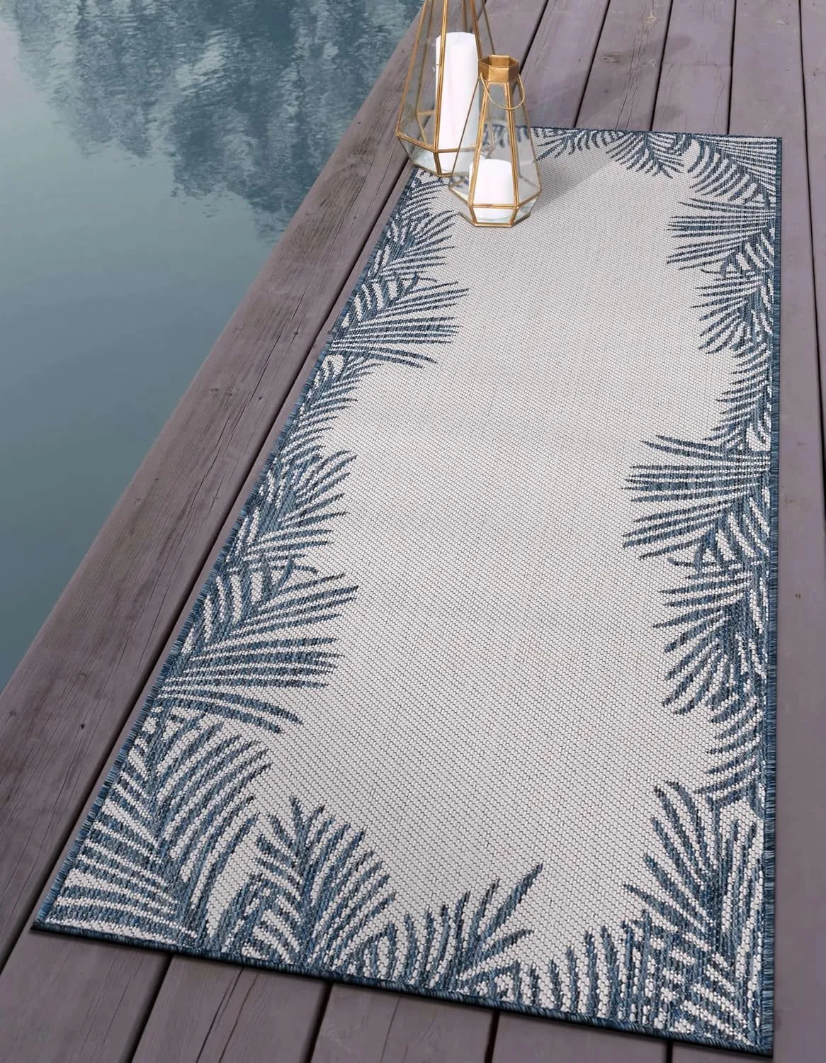 Rugshop Tropical Floral Palm Leaves Textured Flat Weave Easy Cleaning Outdoor Rugs for Deck,Patio,Backyard Indoor/Outdoor Runner Rug 2' x 7' Navy