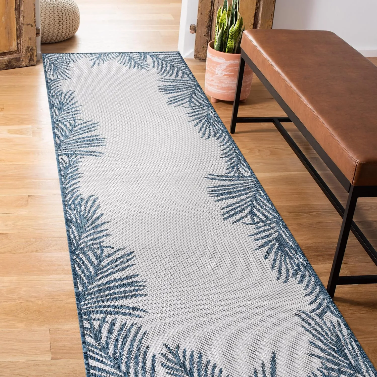Rugshop Tropical Floral Palm Leaves Textured Flat Weave Easy Cleaning Outdoor Rugs for Deck,Patio,Backyard Indoor/Outdoor Runner Rug 2' x 7' Navy