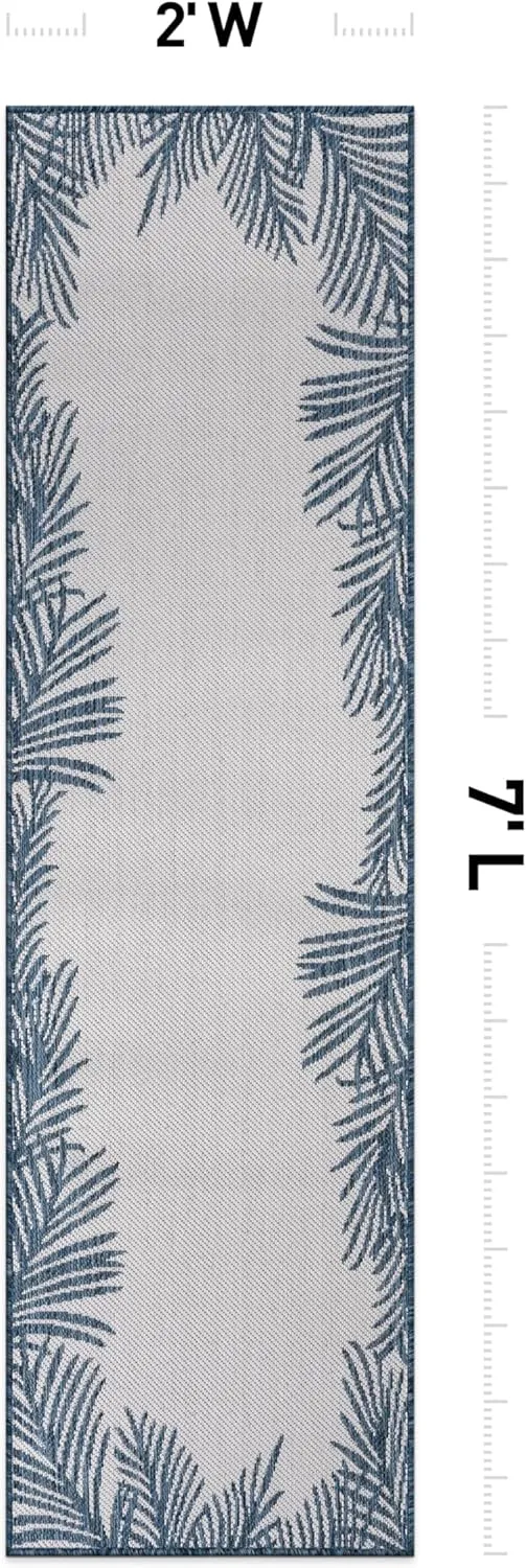 Rugshop Tropical Floral Palm Leaves Textured Flat Weave Easy Cleaning Outdoor Rugs for Deck,Patio,Backyard Indoor/Outdoor Runner Rug 2' x 7' Navy