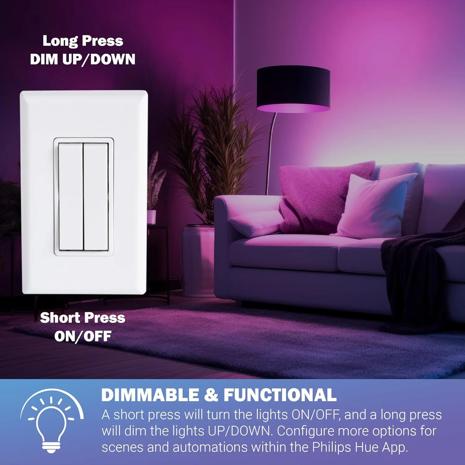 RunLessWire Click for Philips Hue Wireless Battery Free Dimming Smart Switch Friends of Hue Bulb Lighting Control Works with All Home Automation Hubs Through Bridge & App Self Powered - Brown