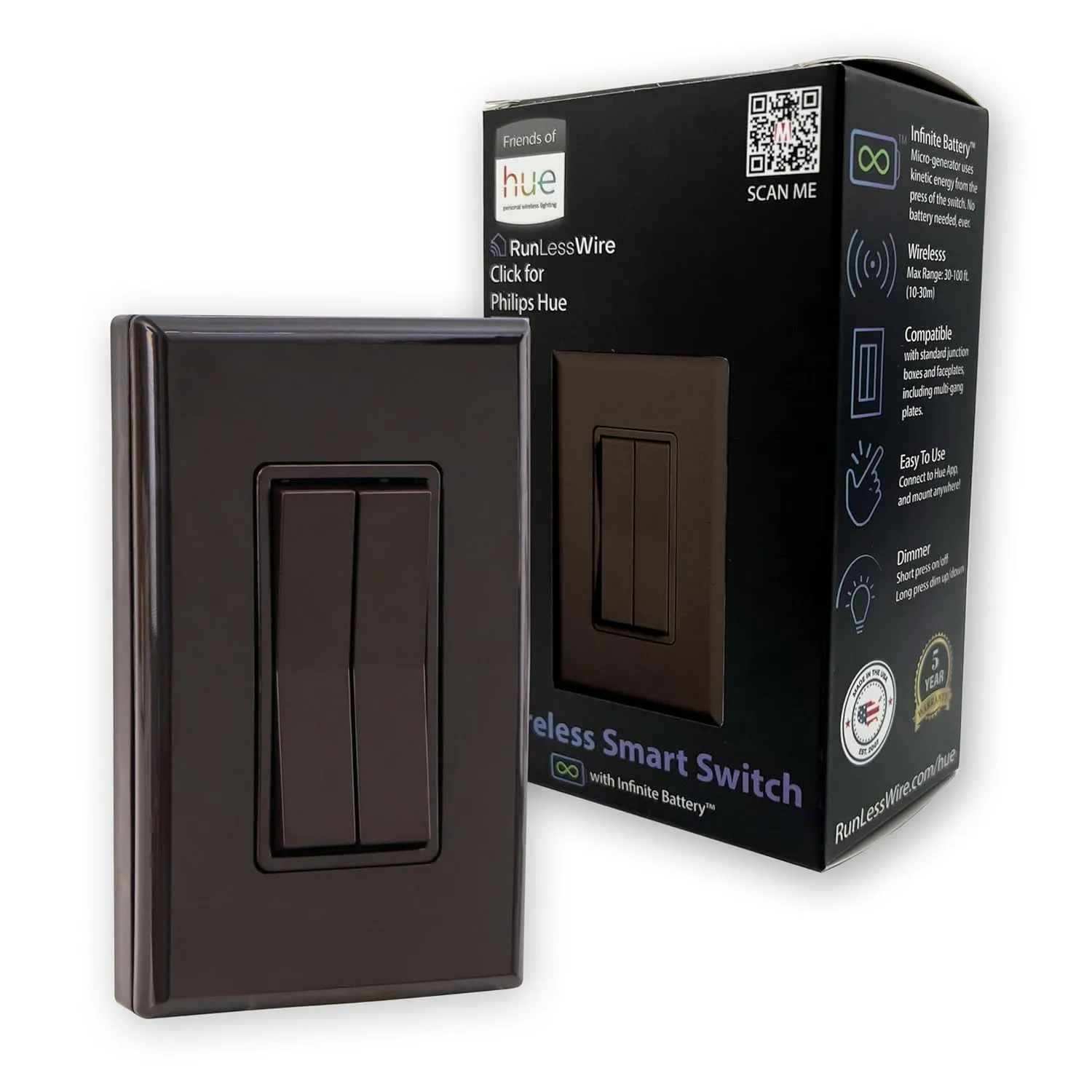 RunLessWire Click for Philips Hue Wireless Battery Free Dimming Smart Switch Friends of Hue Bulb Lighting Control Works with All Home Automation Hubs Through Bridge & App Self Powered - Brown
