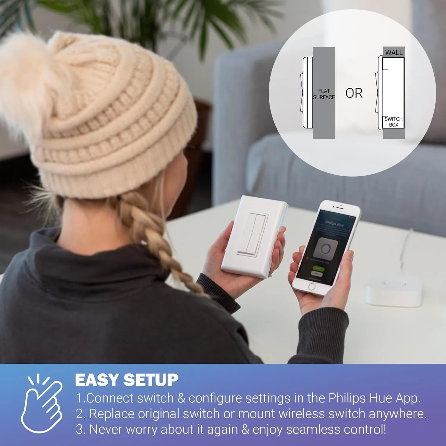 RunLessWire Click for Philips Hue Wireless Battery Free Dimming Smart Switch Friends of Hue Bulb Lighting Control Works with All Home Automation Hubs Through Bridge & App Self Powered - Brown