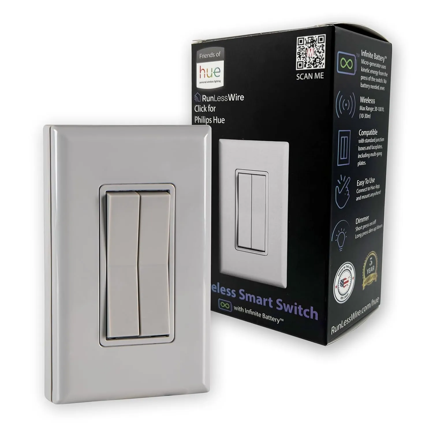 RunLessWire Click for Philips Hue Wireless Battery Free Dimming Smart Switch Friends of Hue Bulb Lighting Control Works with All Home Automation Hubs Through Bridge & App Self Powered - Gray