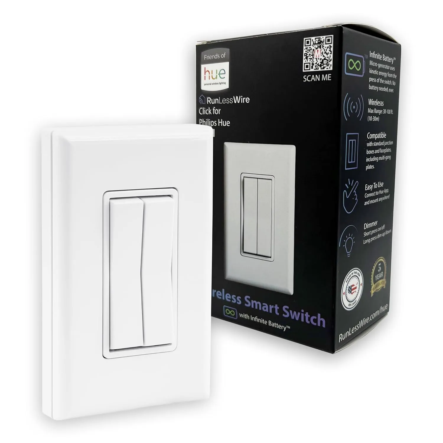 RunLessWire Click for Philips Hue Wireless Battery Free Dimming Smart Switch Friends of Hue Bulb Lighting Control Works with All Home Automation Hubs Through Bridge & App Self Powered - White