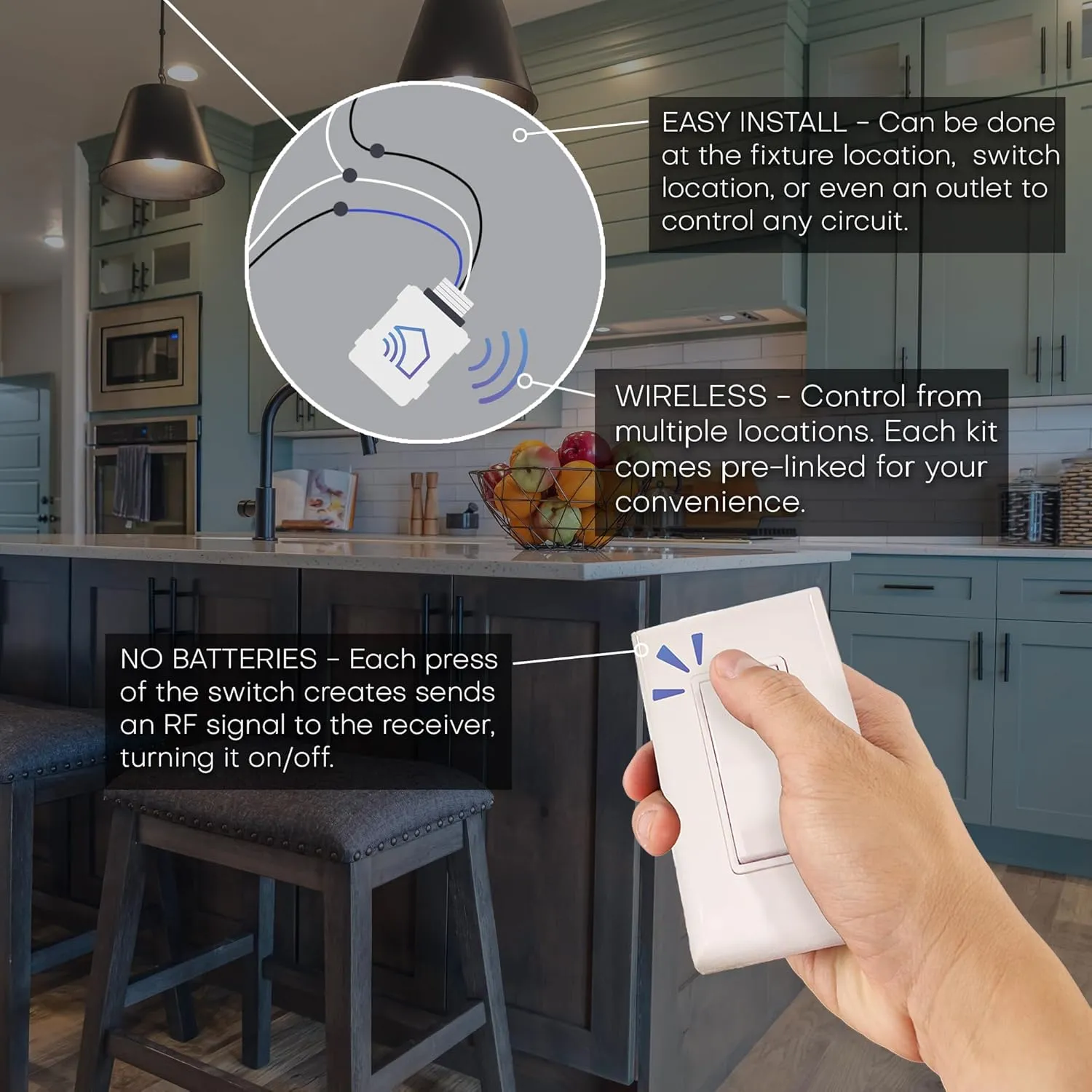 RunLessWire Single Pole Remote Light Switch Kit Wireless Battery-Free Self-Powered Kinetic DIY Wall Switch 150ft RF Range - Basic: 1 On/Off Receiver, 1 Switch - White