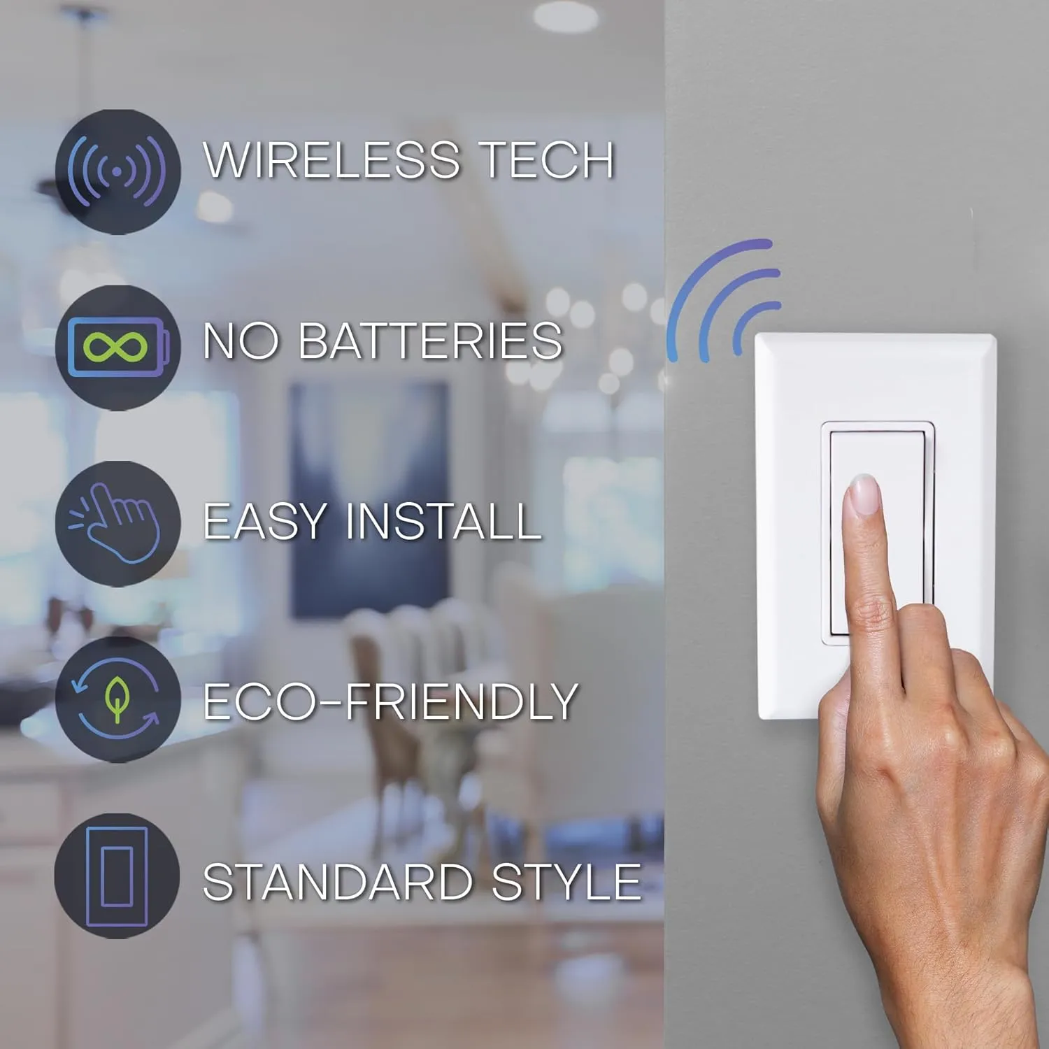RunLessWire Single Pole Remote Light Switch Kit Wireless Battery-Free Self-Powered Kinetic DIY Wall Switch 150ft RF Range - Basic: 1 On/Off Receiver, 1 Switch - White