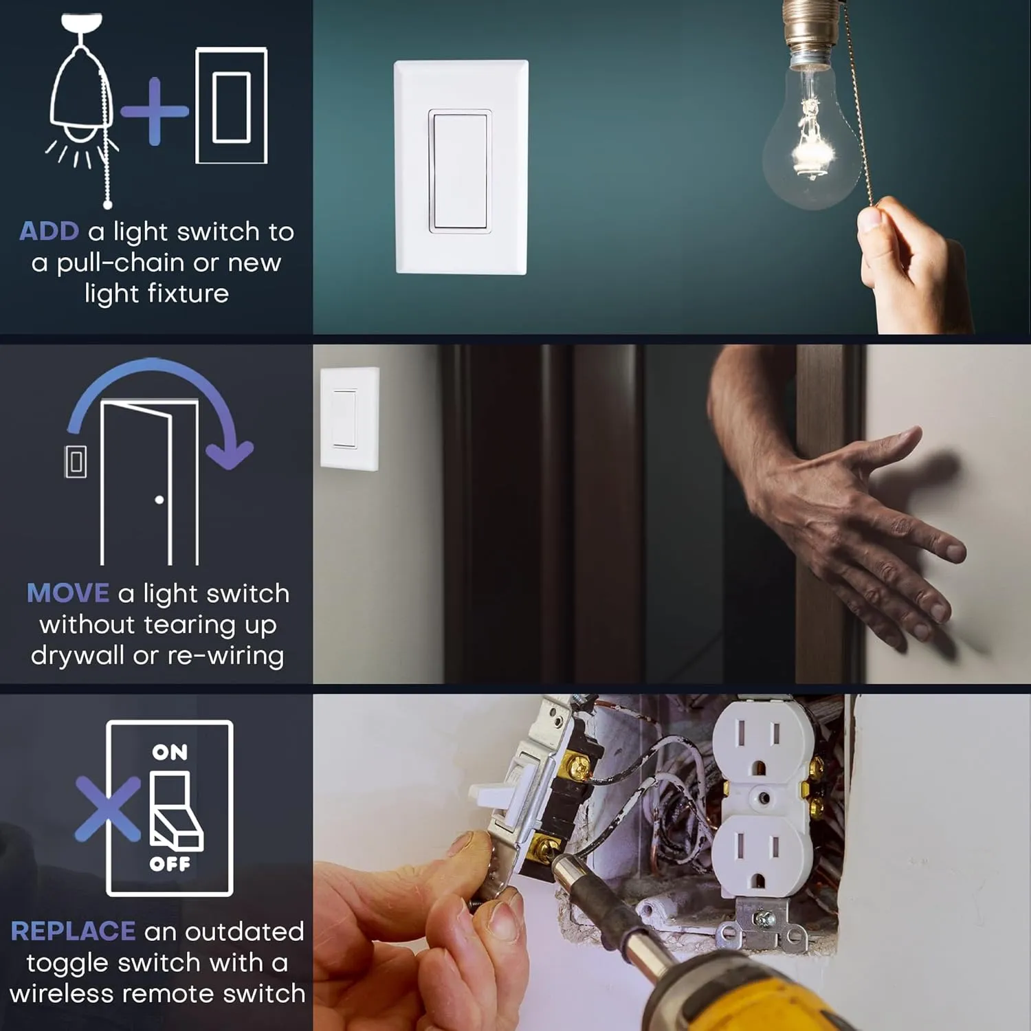 RunLessWire Single Pole Remote Light Switch Kit Wireless Battery-Free Self-Powered Kinetic DIY Wall Switch 150ft RF Range - Basic: 1 On/Off Receiver, 1 Switch - White