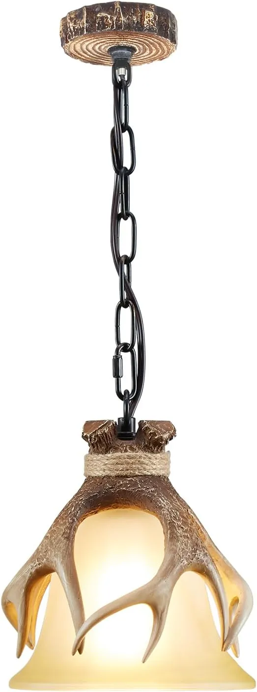 Rustic Pendant Lighting for Kitchen Island Dining Room Sink Foyer, Mini Glass Hanging Light Fixture Farmhouse Deer Horn Antler Pendant Light Fixture
