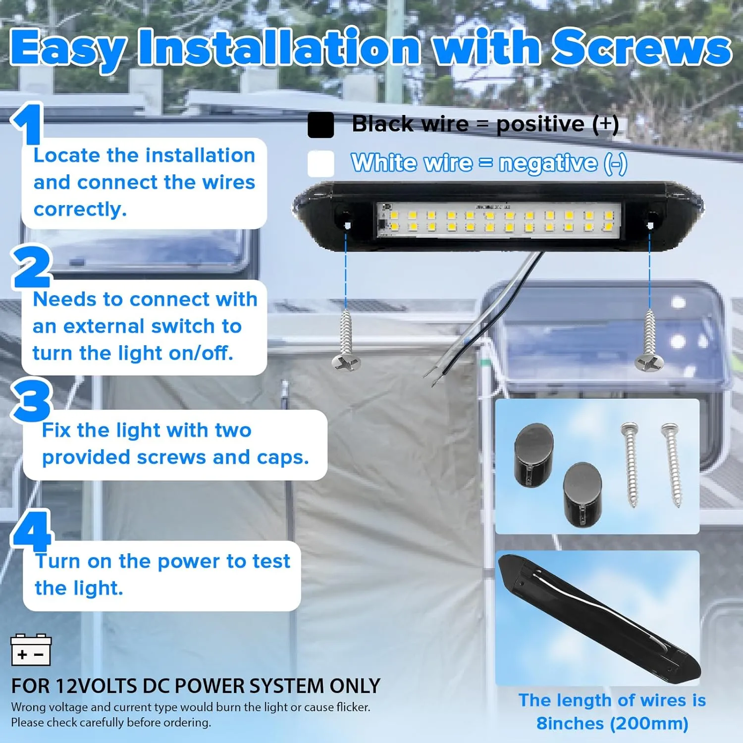 RV Lights Exterior 12V RV Porch Light 12 Volt LED Trailer Lights Outdoor Awning Light RV Accessories for Outside 7000K Cool White Lighting 5.4W 350Lumens 10inch Black Shell, no Switch, Pack of 2